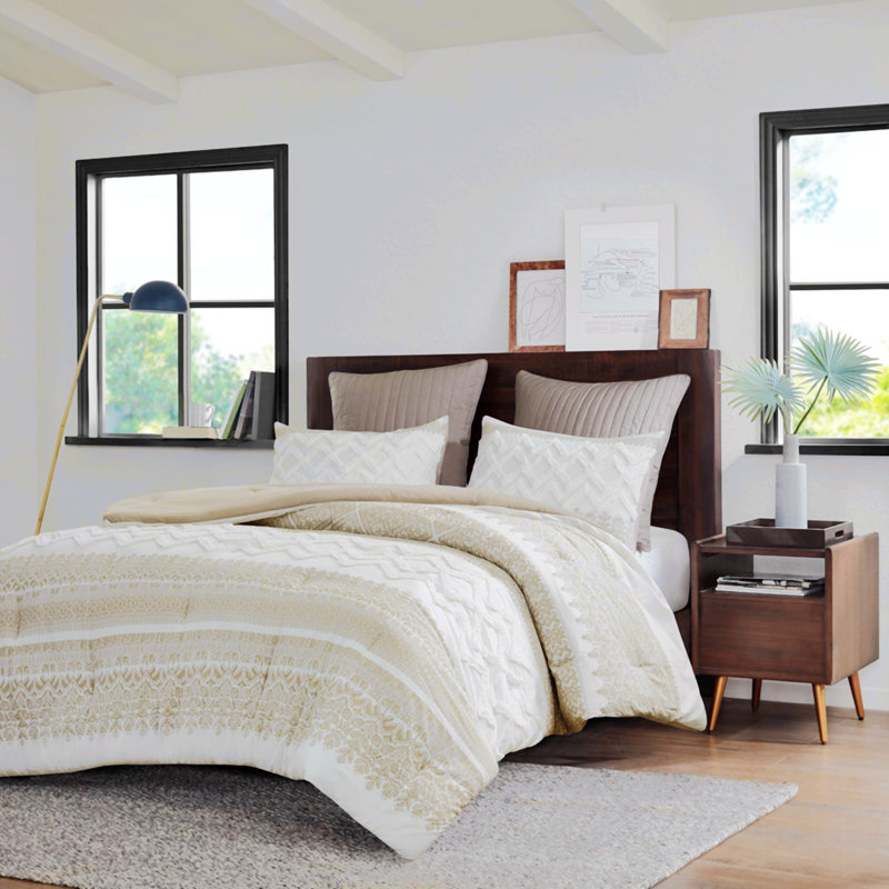 Ensemble d'édredon Mitch, Édredon pour lit double + 2 taies d'oreiller, Taupe, Chevron / zigzag