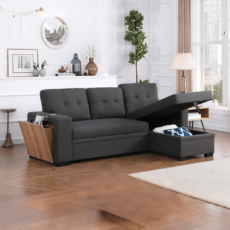 Canapé modulaire coulissant en lin 92 po avec méridienne de rangement, port USB et porte-gobelet 92 po, Lin gris