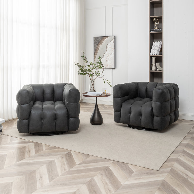 Ashyiah 38" Wide Tufted Swivel Chair with Square Arm, Vintage Black Polyester