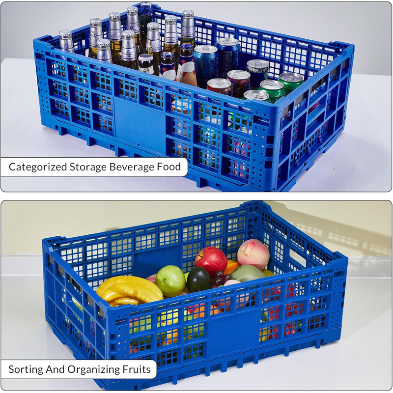 Caisses de rangement pliables, caisses en plastique pliables robustes de 52 litres, paniers et bacs de rangement L 23,6 po x l 15,7 po x H 8,6 po Caisses à lait empilables pour le bureau, la maison et le rangement des jouets