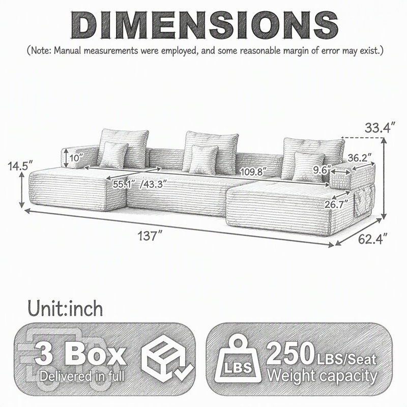 Canapé modulaire, En form de U, Velours côtelé beige