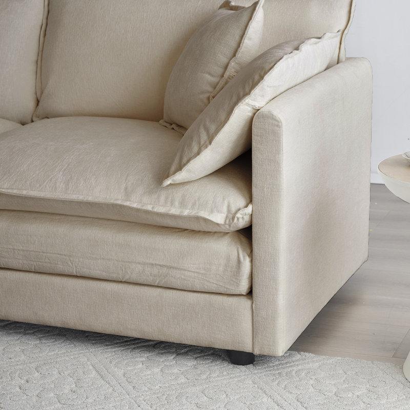 Chenille Two-Seater Sofa With 1 Footrest, Beige Chenille