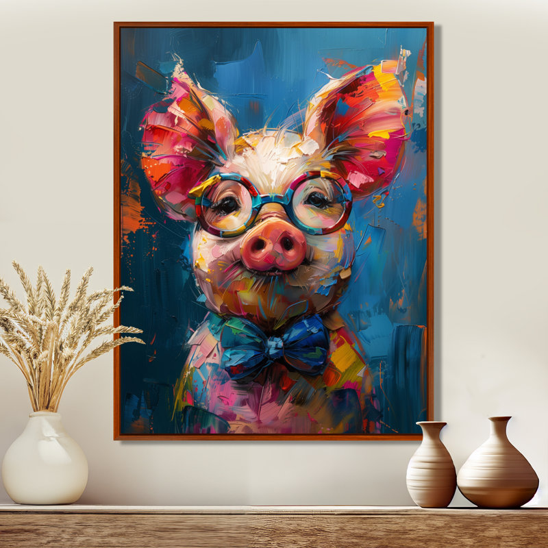 Curieux portrait de cochon bleu et rose, Toile avec cadre flottant brun, H 44 po x l 34 po x P 1,5 po