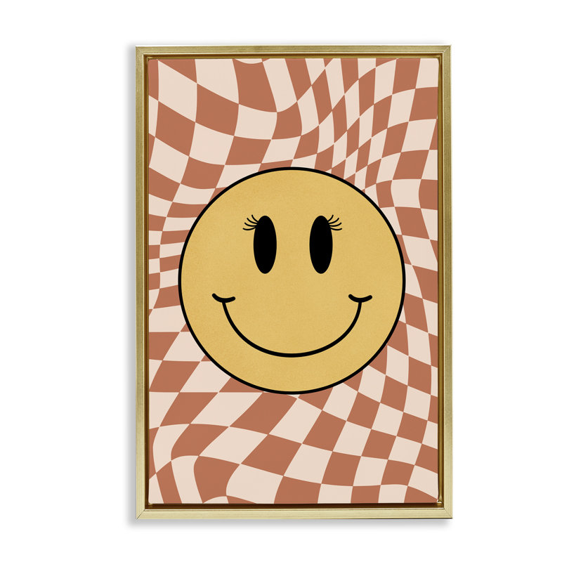 Toile flottante encadrée «Wavy Checkered Smiley» par JJ Design House, LLC., Cadre flottant métallique doré, H 31 po x l 21 po