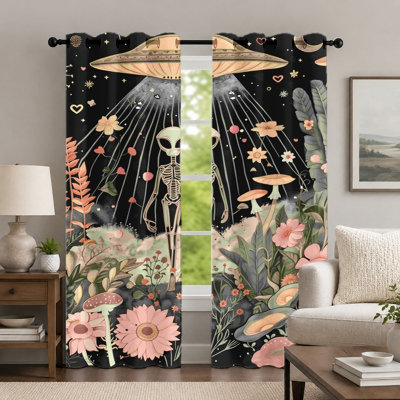 2Pcs Alien and UFO Pattern Curtains, Fantasy Style Curtain, Creative Sci-Fi Plant Flower Printed Art Grommet Drapes, Window Treatment for Bedroom Living Room Decor