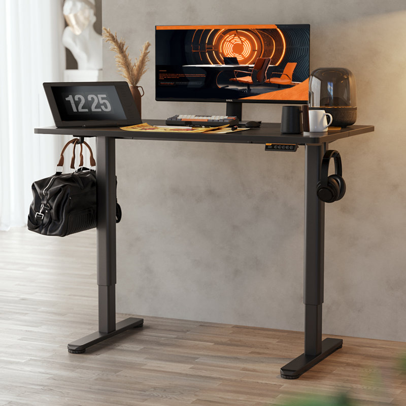 Electric Height Adjustable Standing Desk with Hooks, 46.5" H x 40" W x 24" D, Black/Black