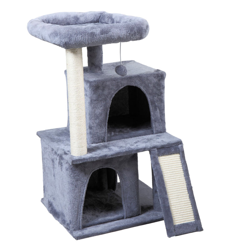 Arbre à chat gris à deux couches avec maison et enveloppé, profondeur de produit de 19,7 pouces, largeur de 17,7 pouces, hauteur de 34 pouces, 25,15 lb, fabrication ferme, deux taches de repos, décoration, couleur de la surface d'assemblage étape par étape,
