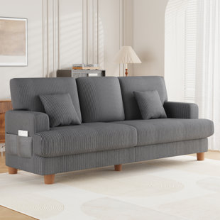 220cm Corduroy Sofa with 3 Seats, No Tool Assembly,Solid Wood Frame and Solid Wood Legs