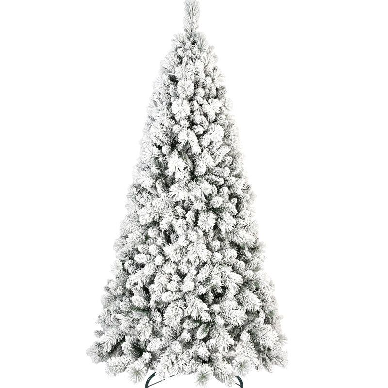 Arbre de Noël enneigé 7 pi avec 450 lumières blanc chaud, 1060 pointes pleines, branches enneigées et à aiguilles dures, conception à charnières pour une installation simple, arbre de Noël en métal à support de 84 po, neige réaliste