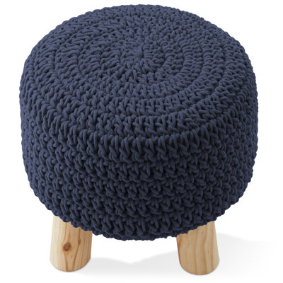 Cotton Pouf Ottoman Footstool 13 Round x 11H, Boho Accent Footrest, Navy Blue