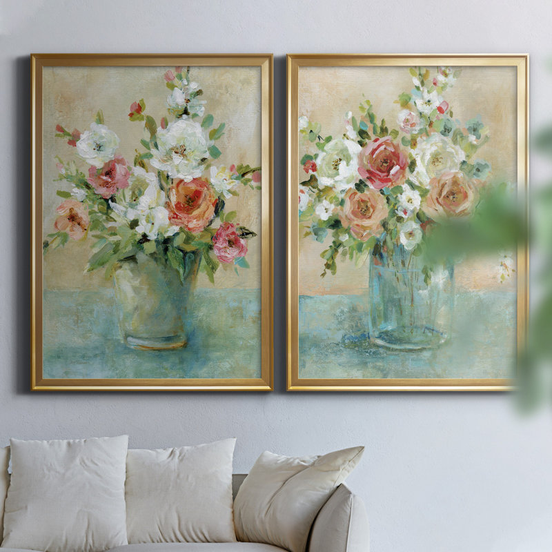 Sun Drenched Bouquet - Ensemble de 2 reproductions d'art, H 18,5 po x l 49 po x P 1,5 po, Toile encadrée dorée, Pas de tapis