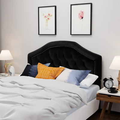 Grande tête de lit contemporaine en velours noir avec capitonnage détaillé en velours, ajoutant de l'élégance à la chambre à coucher