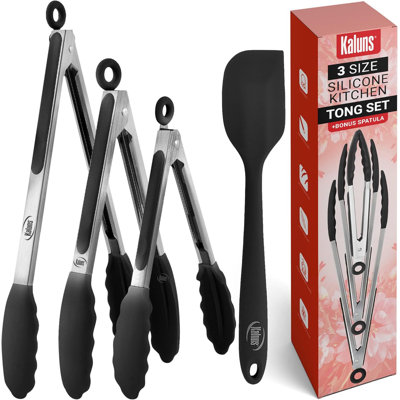 Ensemble de 4 pinces de cuisine en acier inoxydable Kaluns avec embouts en silicone, barbecue, pinces antiadhésives résistantes à la chaleur de 7, 9 et 12 pouces avec poignée verrouillable et spatule en silicone
