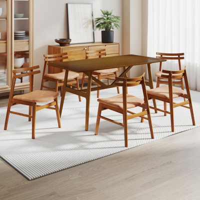 Modern Rectangular Dining Table Set With Upholstered Dining Side Chairs With Curved Back & Solid Wood Legs For Dining Room/Living Room