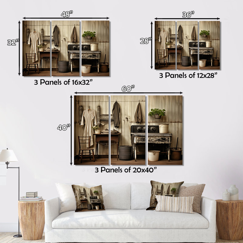 " Farmhouse Laundry Charm III " by Designart 3 - Pieces, 28" H x 36" W x 1" D