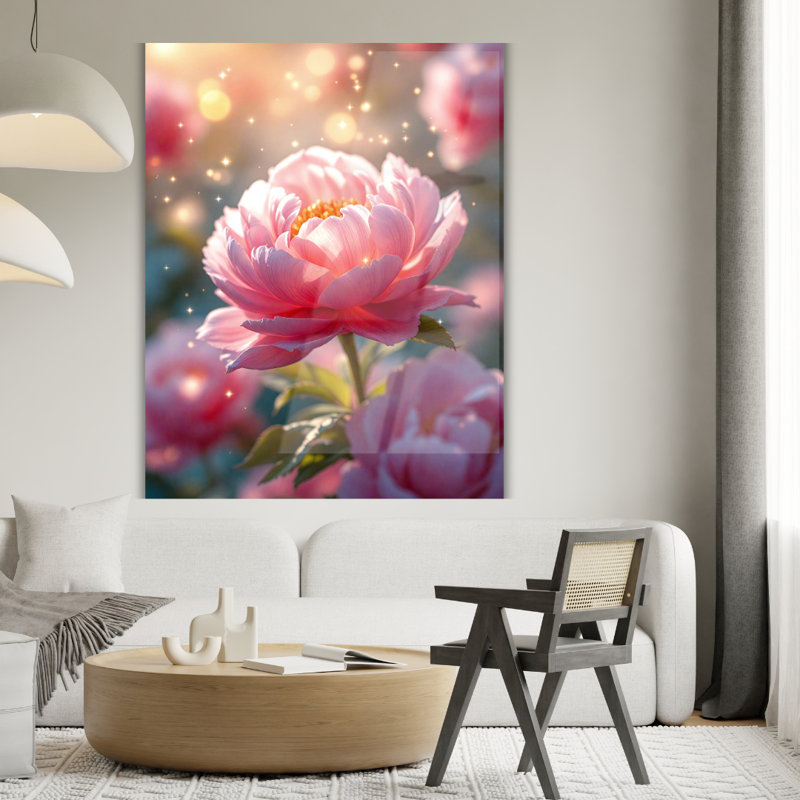 Art mural en verre trempé rose pivoine, H 40 po x l 30 po