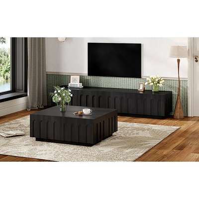 Elegant TV Stand & Coffee Table Set Of 2, Multi-Functional Media Console With Arched Design For Tvs Up To 80", Modern Dual Purpose Center Table With Drawers For Living Room