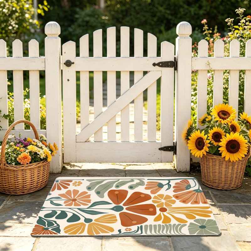Tapis de sol abstrait orange et vert floral 24 x 36 po pour l'extérieur et l'intérieur