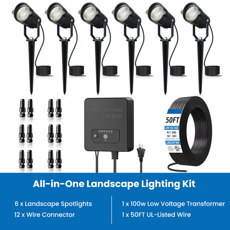 Ensemble d'éclairage de paysage à basse tension tout-en-un avec transformateur de minuterie, projecteurs à DEL de 6 W, 2700 K, étanche IP66, éclairage extérieur 12 à 24 V