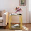 Table de bout moderne carrée avec plateau en verre trempé, tablette inférieure et structure asymétrique en métal-384847959