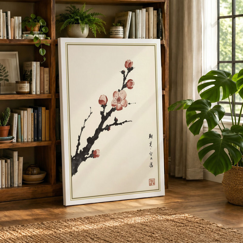 Blossom Branch Japandi - Wrapped Canvas, 36x24 - 91.4 x 61.0 cm, Black Border
