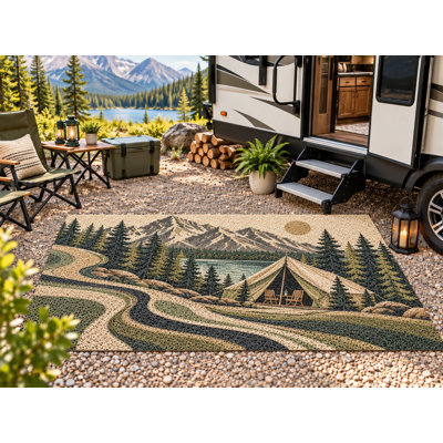 5' x 7' Outdoor Area Rug Campfire Tent Mountain Night Heavyweight Solid Waterproof PVC Coil Loop Carpet, Patio Rug Quick Dry Large Doormat Porch Balcony Entryway RV Camping