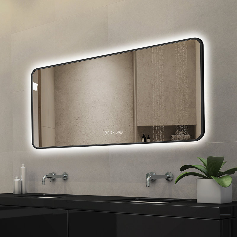 Miroir mural de 48 po x 24 po avec miroir de coiffeuse à coins arrondis, affichage de la température, éclairage tricolore, désembuage, cadre en alliage d'aluminium de haute qualité, verre trempé haute définition