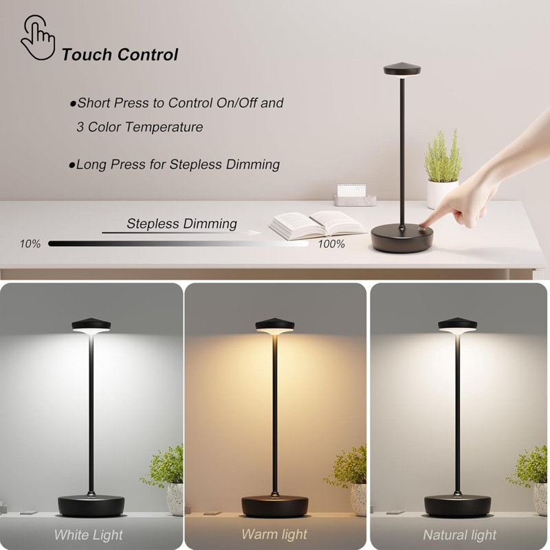 Rechargeable Cordless LED Table Lamp With 3 Colour Temperatures, Stepless Dimming, Waterproof Design For Indoor Outdoor Use