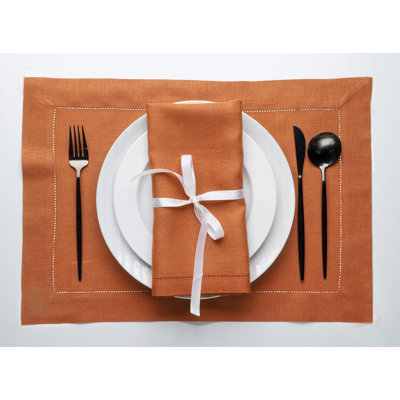 Signature Linen By D'Moksha, 100% Pure Linen, Hemstitch Placemats Set of 6