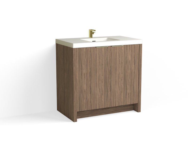 Mesa 36" W Freestanding Single Bathroom Vanity , White Matte, Nocino/Satin Brass, Single-Hole