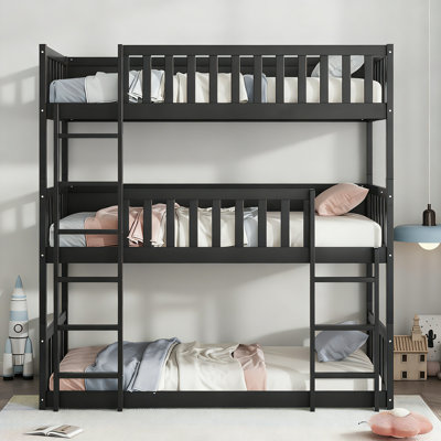 Twin Size Triple Rubber Wood Bunk Bed With Two Build-in Ladders, Guardrails, Wood 3-in-1 Bunk Beds, Convertible To 3 Separate Beds, Twin Over Twin Over Twin