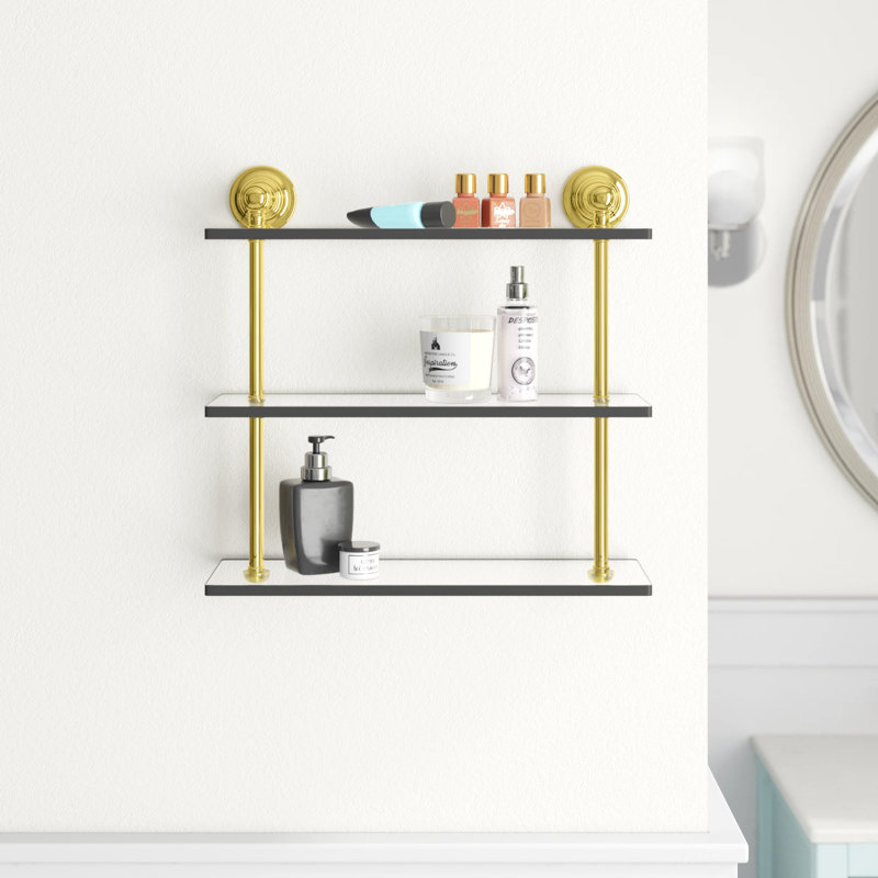 Freyja 3 Piece Glass with Towel Bar, 16" H x 16" W x 5.54" D, Unlacquered Brass