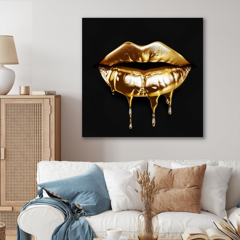 Gold Lips Of Luxury V - Art mural tendance pour le salon, H 36 po x l 36 po x P 1,5 po, Toile tendue