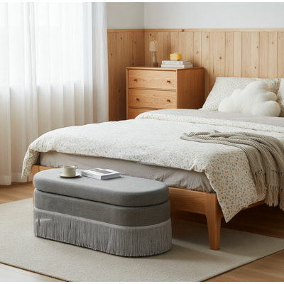 Oval Upholstered Storage Ottoman with Fringe Trim & Lift-Top Lid for Living Room or Bedroom
