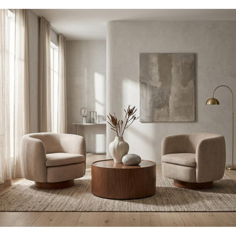 35" Wide Modern Swivel Faux Leather Upholstered Barrel Chair(Set Of 2), Beige Fabric
