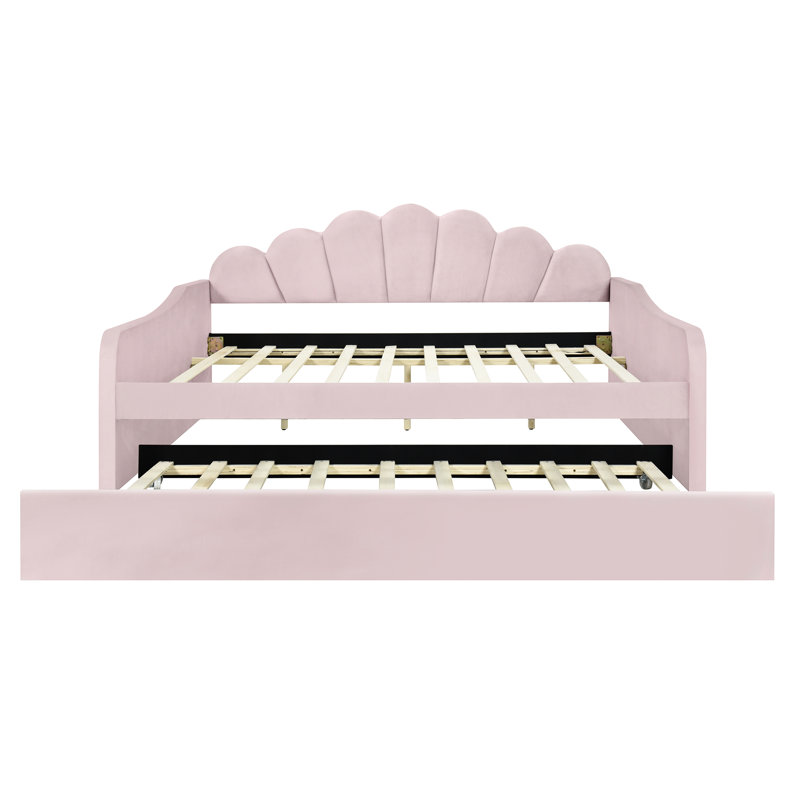 Full Size Daybed With Thick Padding In Pink And Convenient Trundle - Comfortable Stylish Upholstered Frame Practical, Pink