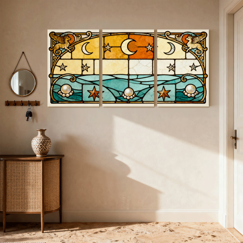 Vitrail céleste, étoiles de lune et créatures mythiques, ensemble de 3 impressions sur toile, H 24 po x l 48 po
