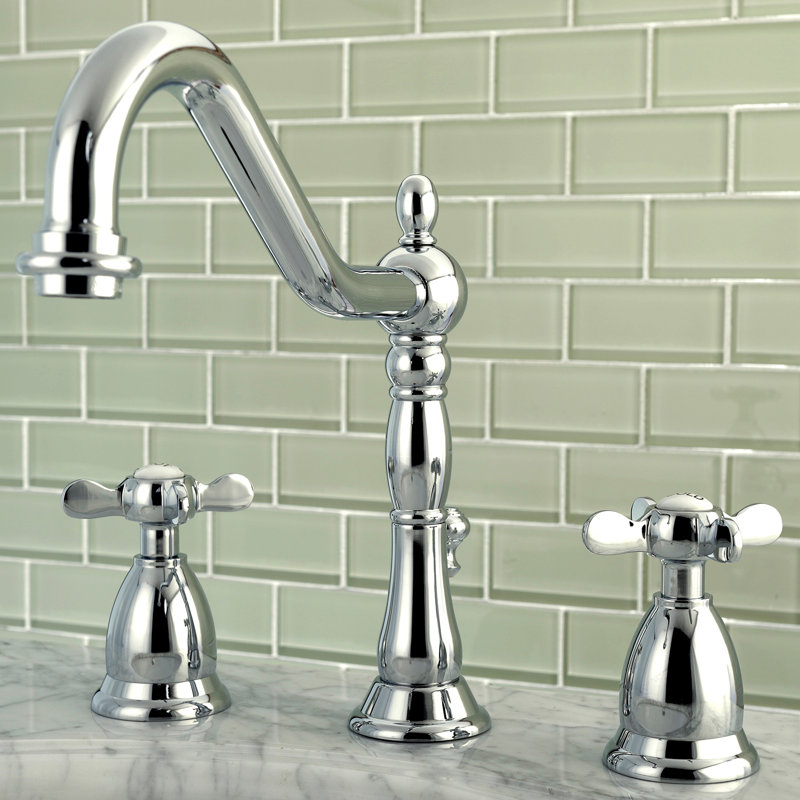 Kingston Brass Essex Two-Handle 3-Hole Deck Mount Widespread Bathroom Faucet with Brass Pop-Up Drain, Polished Chrome