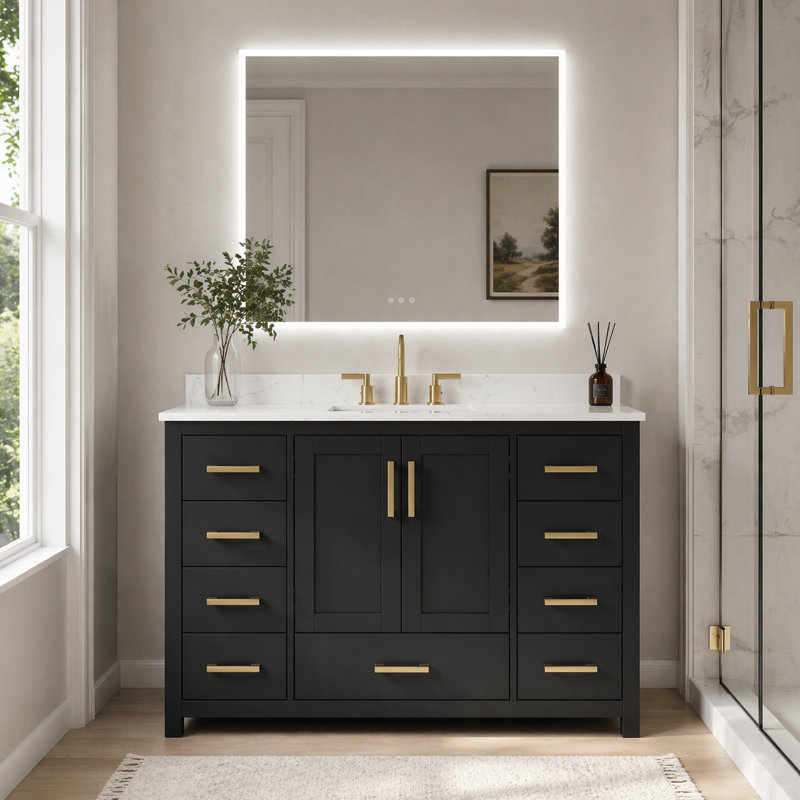 Sirois 48" Freestanding Black Bathroom Vanity With Undermount Sink And Engineered Stone Top