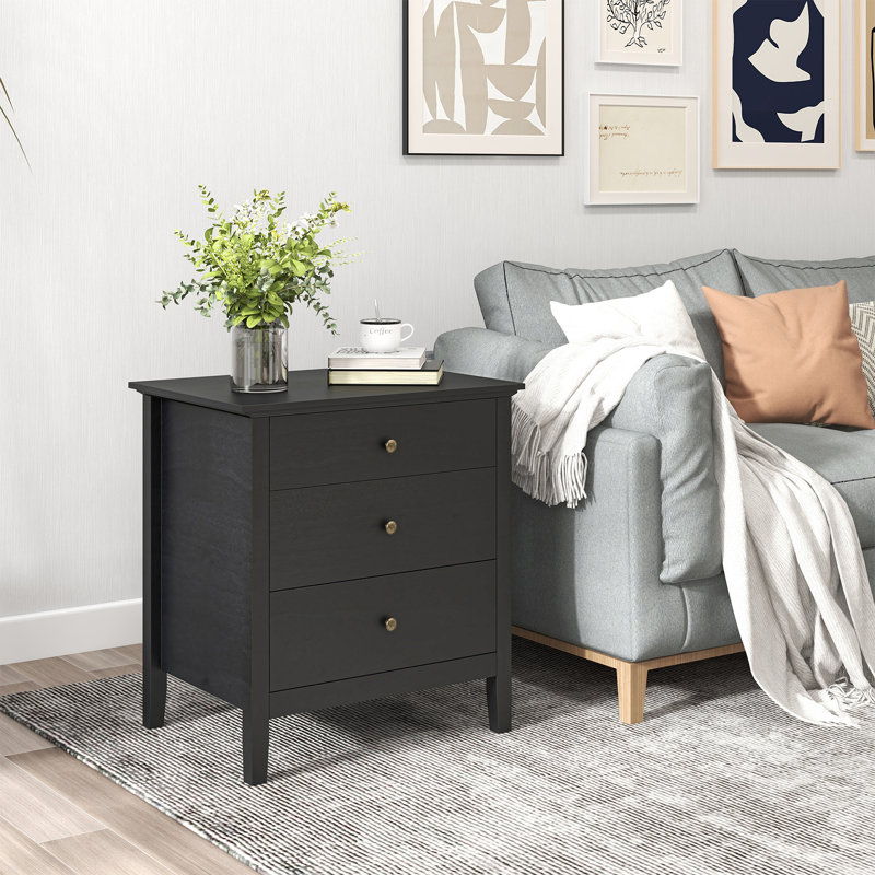 Abdülsamet Modern Wooden Nightstand with 3 Drawers, Black