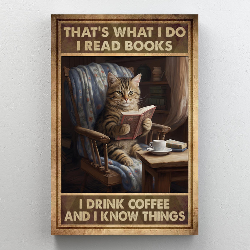 Chat, je lis des livres, je bois du café - 1 pièce Rectangle, chat, je lis des livres, je bois du café - 1 pièce, reproduction d'art graphique sur toile tendue sur toile tendue