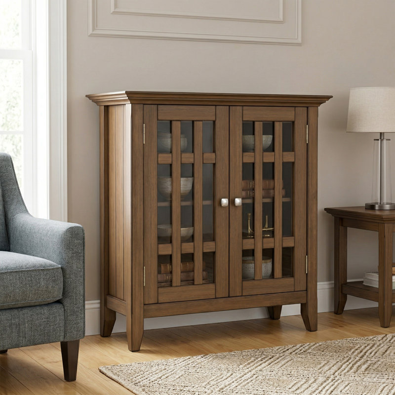 Bedford 32"W Solid Wood Transitional Low Media Cabinet with Glass Doors and Adjustable Shelves, Rustic Natural Brown