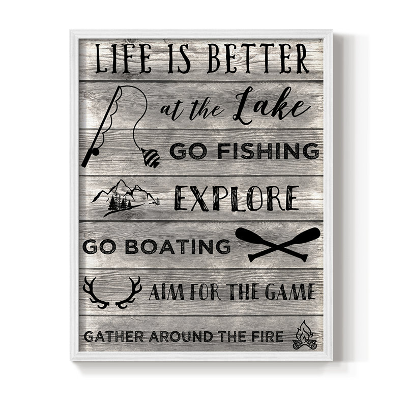 «Life is Better at the Lake», reproduction encadrée - bois massif, H 30 po x l 24 po, Blanc