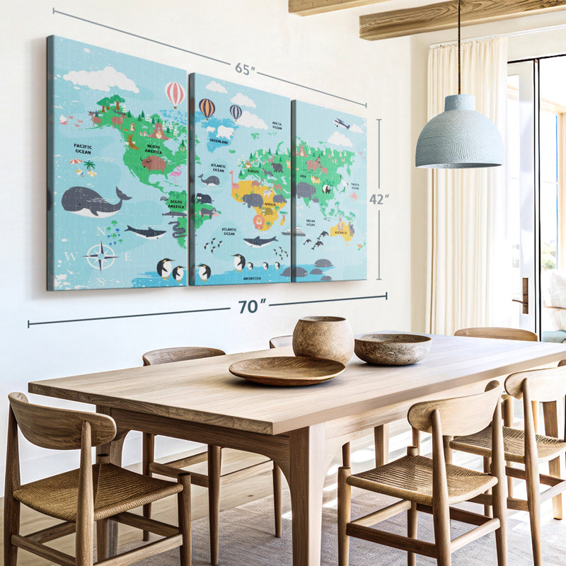 "Carte du monde pour enfants" sur toile, H 42 po x l 65 po x P 1,25 po