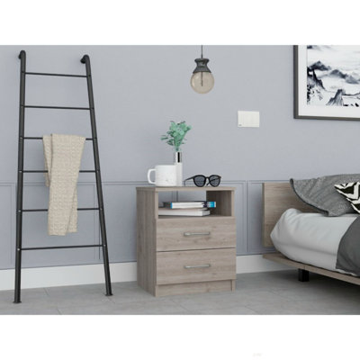 Table de chevet, table de bout, plateau supérieur, deux tiroirs et une tablette - gris clair