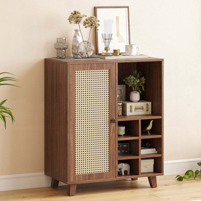 Wine Bar Cabinet with Rattan Storage