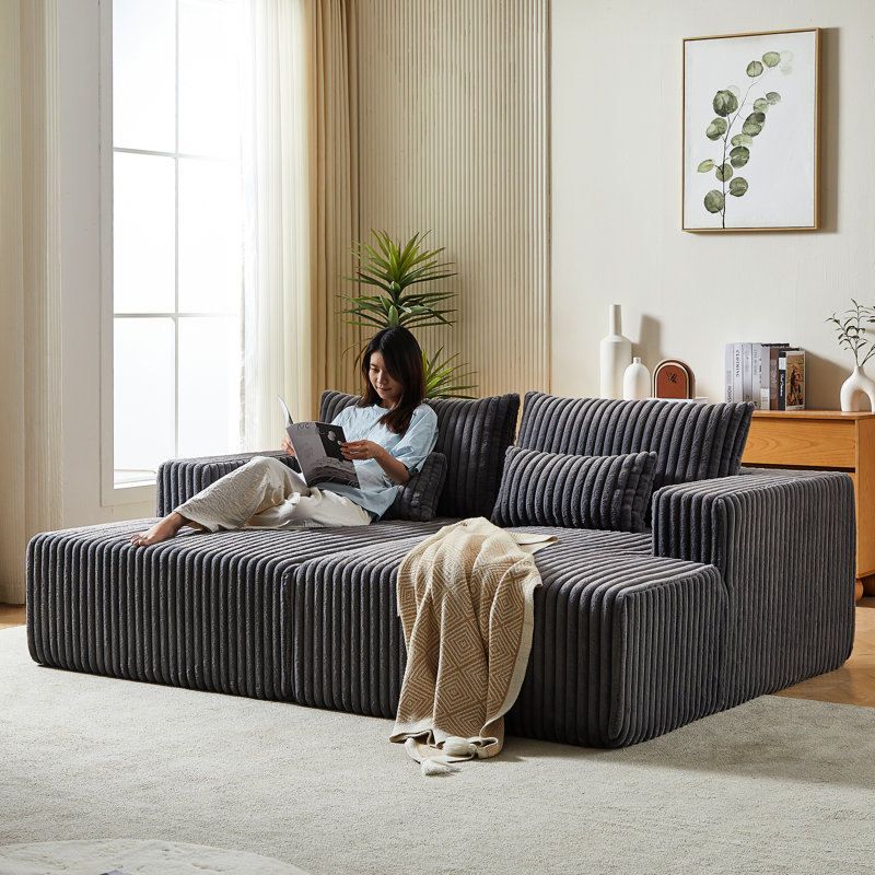 Fauteuil modulaire surdimensionné de 87 po sans assemblage requis Autianna, lit inclinable en velours côtelé gris moelleux et fauteuil confortable