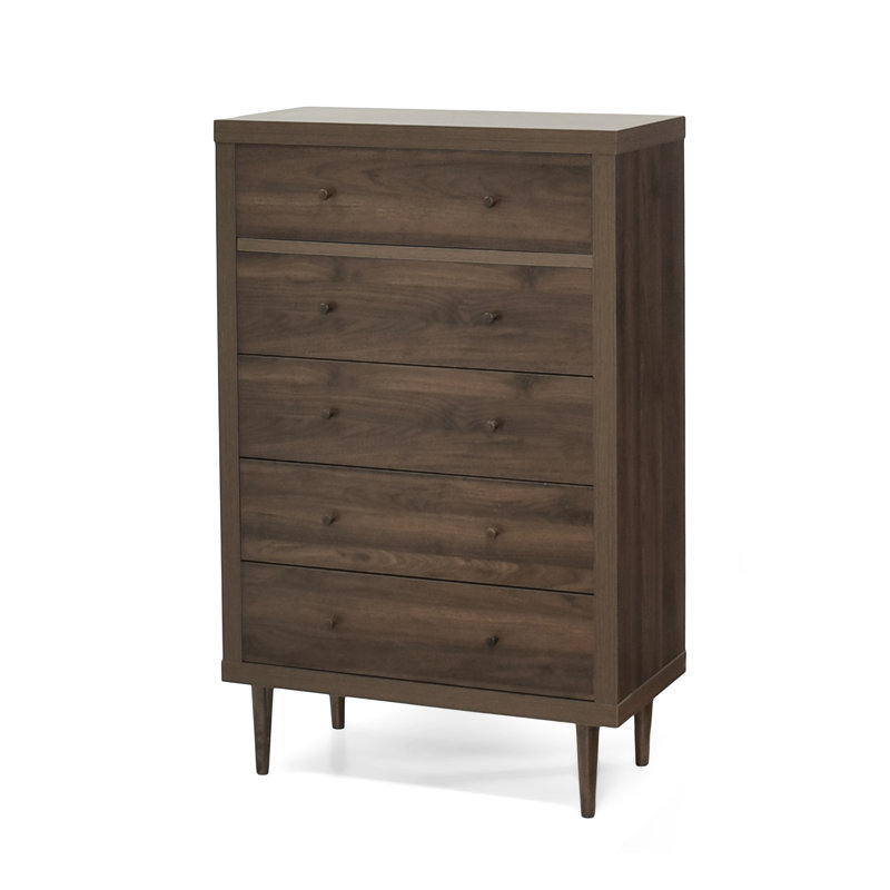  Armoire de rangement haute en bois avec 5 tiroirs et pieds fuselés, organisateur de chambre à coucher, Brun