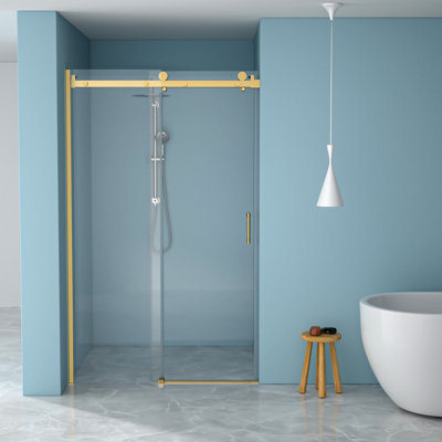 8Mm Tempered Glass Single Shower Door, 304 Stainless Steel Gold Frame, Reversible Design, Water- Screen, Impact Protection