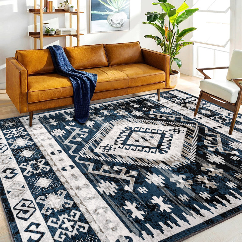 Area Rug, Vintage Bohemia Large Persian Non-Slip Washable Rug For Living Room Kitchen Bedroom Living Room Geometry Blue/Black
